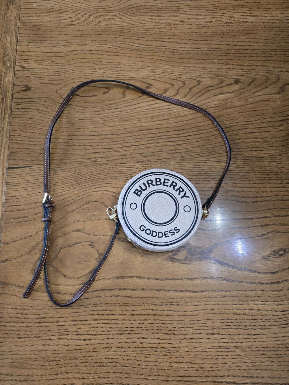Cream 'Goddess' Round Canvas Crossbody with Brown Strap